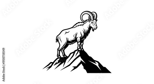 Powerful ibex mountain goat standing proudly on a rugged peak in a striking monochrome illustration