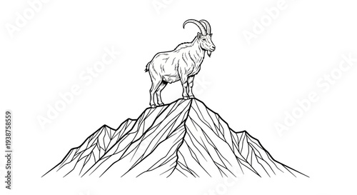 Majestic horned goat illustration atop a rugged mountain peak showing nature's resilience