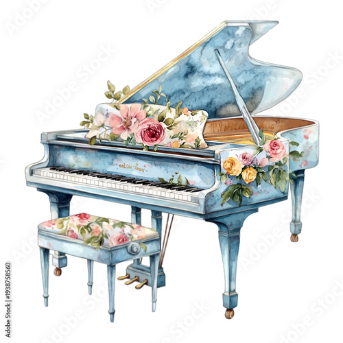 Blue grand piano with pink roses, watercolor floral musical vector illustration