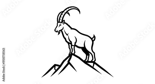 Majestic mountain goat standing victoriously atop a rugged peak, symbolizing strength and