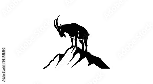 Majestic mountain goat silhouette standing confidently atop a rugged peak against a pristine white
