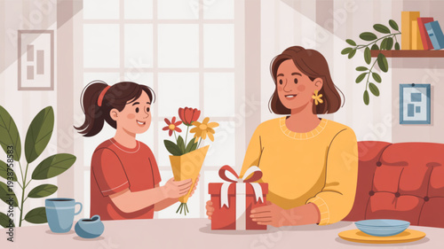 Mother and daughter exchanging gifts and flowers on a sunny day at home