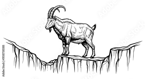 Majestic ibex stands proudly on a perilous cliff in a detailed black and white engraving style