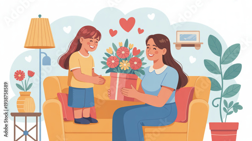 Mother and daughter exchanging gifts on a cozy couch with flowers and hearts