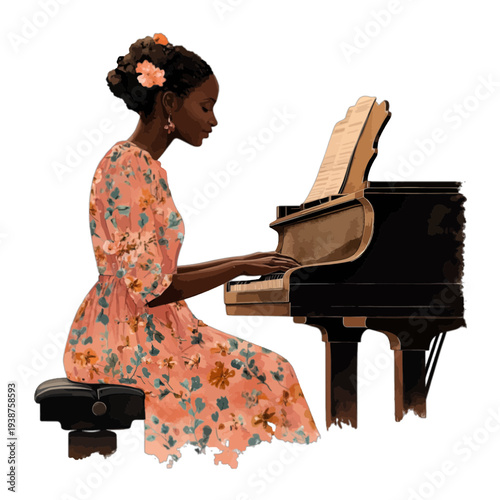 Watercolor illustration of a Black woman in a floral dress playing a grand piano, elegant female pianist practicing music, isolated on white background