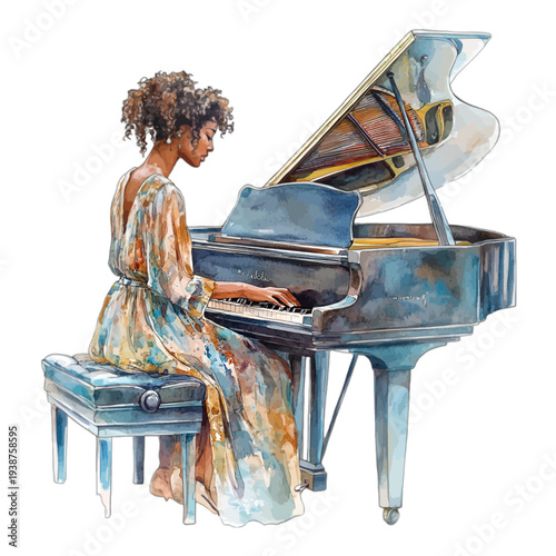 Watercolor illustration of a Black woman playing a grand piano, elegant female pianist in flowing dress practicing music, isolated on white background