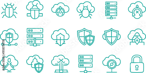 Collection of teal outline representing cybersecurity and cloud computing concepts Keywords