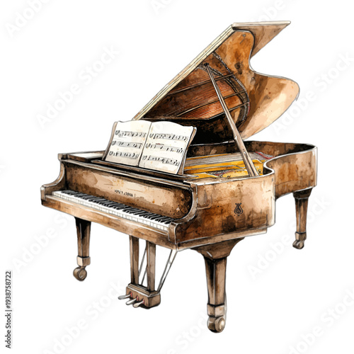 Vintage Grand Piano with Sheet Music Watercolor Vector Illustration – Hand Painted Antique Musical Instrument Isolated on White for Music Room and Studio Decor