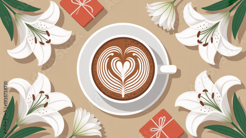 Heart shaped coffee art in white cup surrounded by white lilies and gift boxes on beige background flat lay