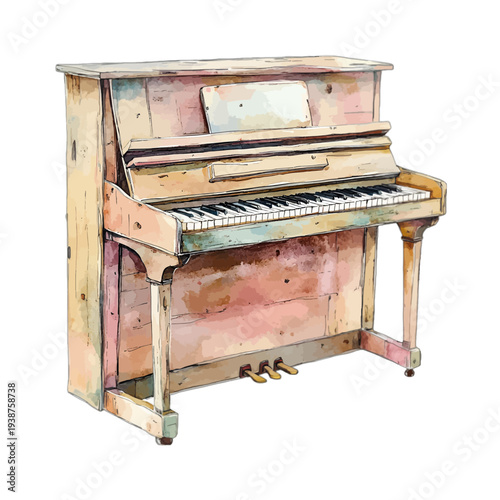Watercolor vintage weathered upright piano isolated on white background