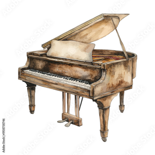 Watercolor grand piano musical instrument isolated on white background