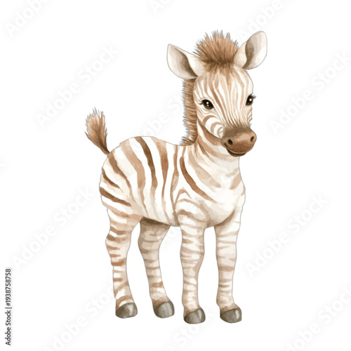 Cute Baby Zebra Watercolor Vector Illustration – Hand Drawn Smiling Cartoon Zebra Character Isolated on White for Safari Nursery Decor