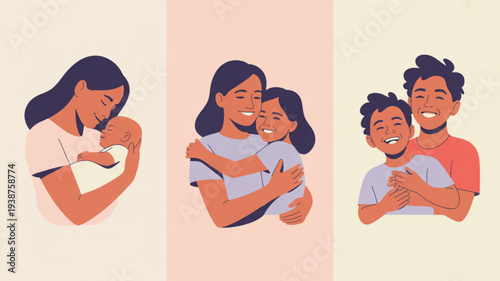 Illustration of happy family moments showing mother and child hugging and family embracing together with soft pastel colors and minimalist style