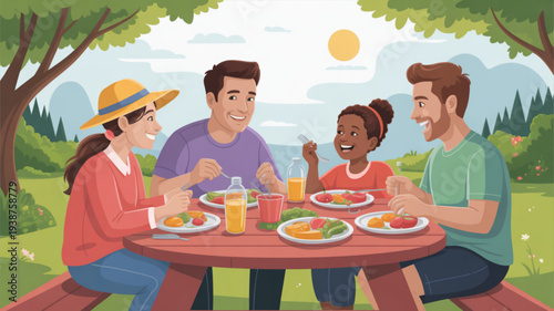 Four friends enjoy a meal together outdoors in a park on a sunny day with food and drinks on a picnic table