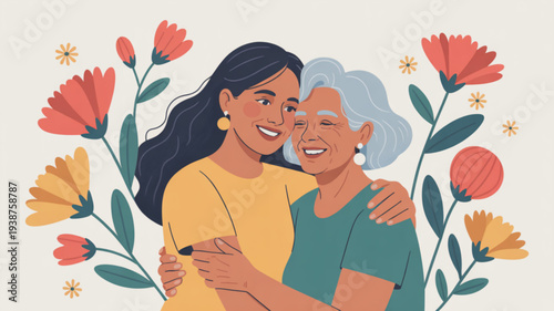 Two women hugging surrounded by colorful flowers smiling happy loving family friendship affection support care comfort floral background