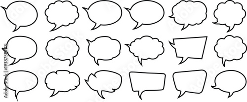 Collection of twenty-four diverse black outlined speech bubbles on a white background Keywords