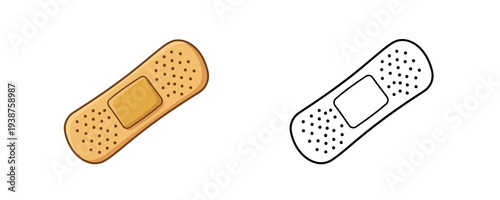 Adhesive bandage medical plaster in flat colorful and linear style with beige and white colors used for wound protection and first aid care