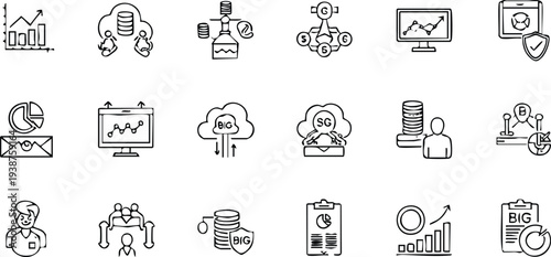 Diverse set of black and white line for business data analysis and technology concepts Keywords