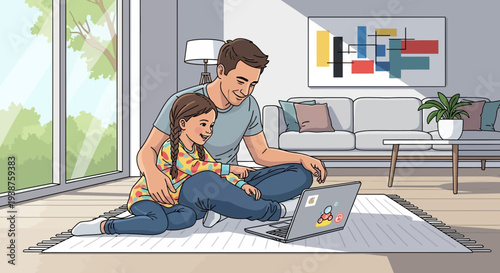Father and child sitting on floor using laptop together at home