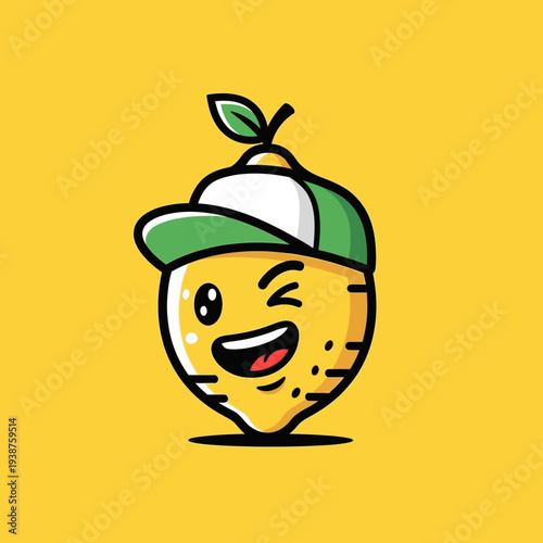 Cartoon Lemon Character Wearing Baseball Cap.