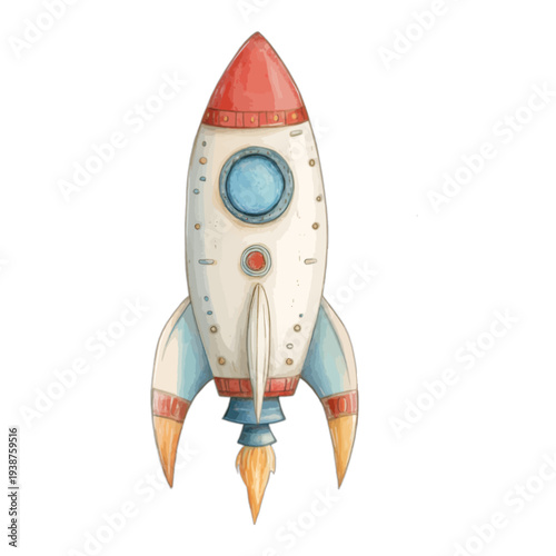 Watercolor vintage rocket ship with blue fins isolated on white background