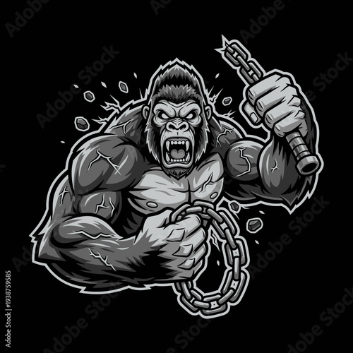 Gorilla Breaking Free from Chains Illustration.