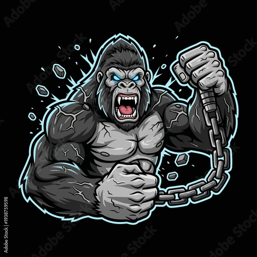 Gorilla Breaking Free from Metal Chains.