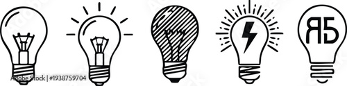 Five distinct hand-drawn black and white light bulb with varying and a lightning bolt symbol