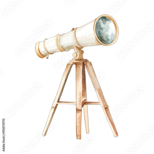 Vintage Telescope on Wooden Tripod Watercolor Vector Illustration – Hand Painted Antique Spyglass Isolated on White for Science and Nautical Decor