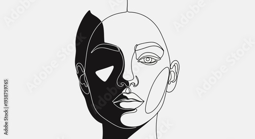 Abstract continuous line art female face illustration with contrasting shadow and light minimalist