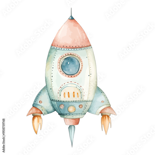 Watercolor cute rocket ship spacecraft isolated on white background