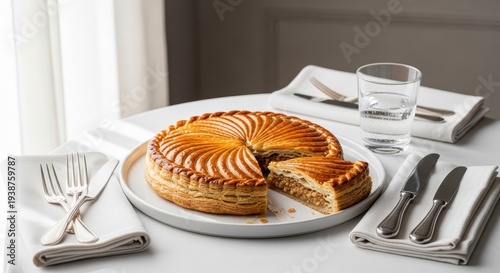 Golden brown galette des rois a traditional French king cake with a slice removed served on a white plate with cutlery and a glass of water perfect for holiday baking and culinary concepts