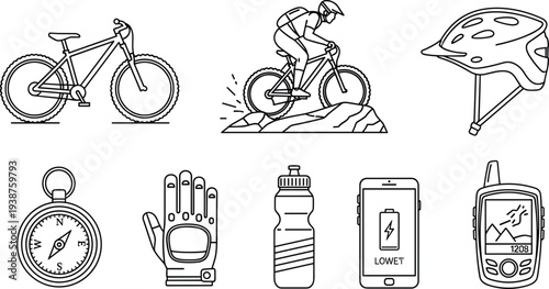Mountain biking line icon set featuring bicycle rider helmet gloves compass bottle GPS smartphone navigation gear for outdoor adventure cycling equipment collection