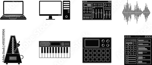Music production and audio equipment outline icon set with laptop, mixer, waveform, keyboard, drum pad and software interface for digital sound design