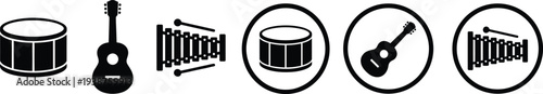 Musical instrument icons set with drum, guitar and xylophone in outline and solid styles, black vector collection isolated on white background
