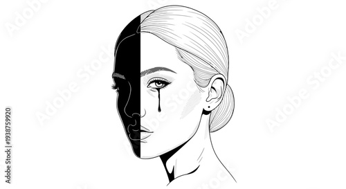 Emotional Duality: A Woman's Face Portraying Inner Conflict and Sadness Through Contrasting Light