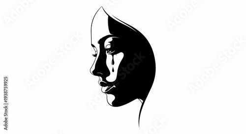 Expressive monochrome portrait of a woman's face in profile, a tear signifying profound emotion