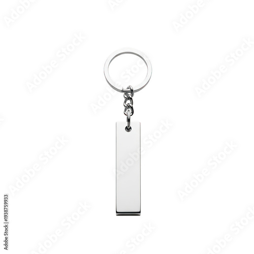 A silver keychain with a rectangular pendant isolated on white background