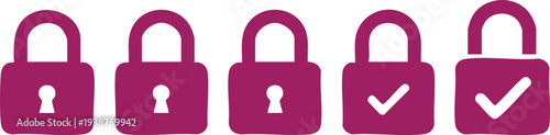 Five magenta padlock with two checkmarks on a white background