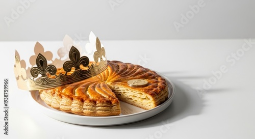 Galette des Rois a traditional French king cake with a golden crown served on a plate for Epiphany celebration isolated on white