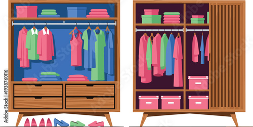 Organized wardrobe closet interior with hanging clothes, folded garments, drawers, and storage boxes in modern wooden cabinet design isolated vector illustration for home organization concept