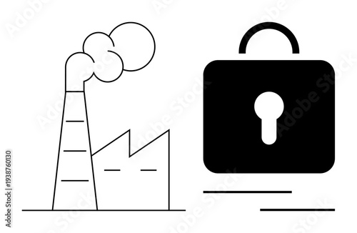 Industrial safety, data protection, manufacturing operations, cybersecurity, environmental control, secure systems. Factory outline and locked padlock visual. Industrial safety and data protection