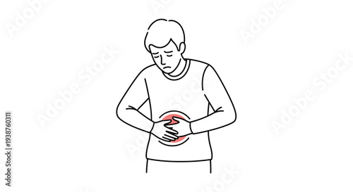 Unwell individual experiencing significant abdominal discomfort and digestive distress seeking