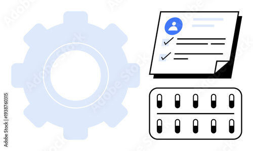 Gear symbolizing workflow, sheet with user profile and checkmarks for tasks, and switchboard for control. Ideal for management, automation, optimization, planning, efficiency, process simple flat