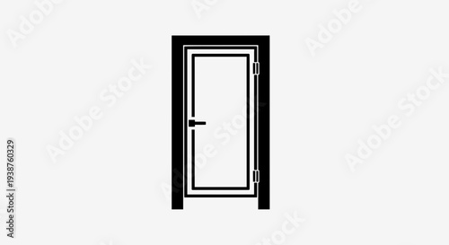 Minimalist black and white graphic depicting a modern single door architecture element icon for