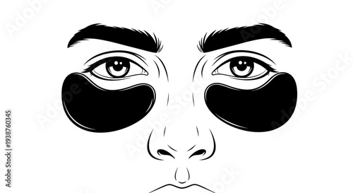Minimalist black and white illustration of a face with soothing eye patches for skin care and