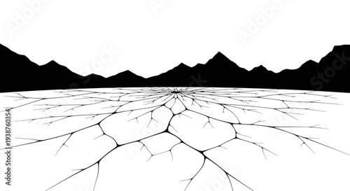 Minimalist monochrome landscape with intricate ground fractures leading to distant mountains