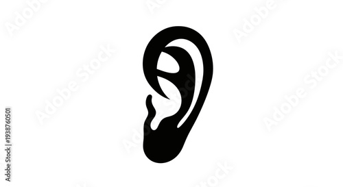 Striking minimalist black human ear graphic symbolizing hearing, sound, and perception on white