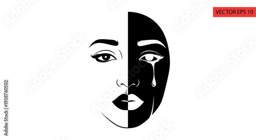 Illustrative portrayal of human duality, contrasting emotions of sorrow and calm on a woman's face