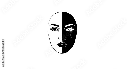 Striking minimalist black and white female face with emotional depth and contrasting duality